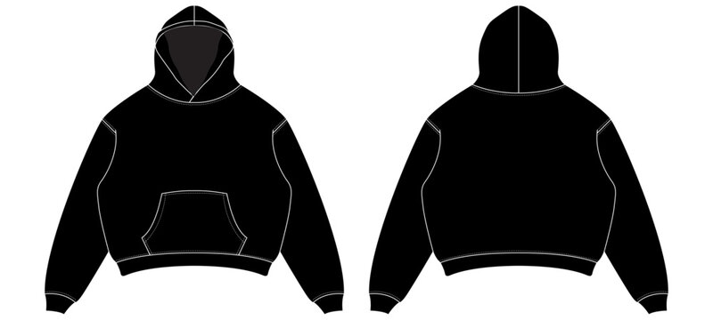 Oversized hoodie template cad drawing flat vector illustration showing detailed front and back technical fashion sketch for garment design and production reference