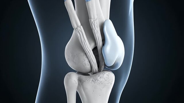 Knee Joint Anatomy - This video depicts a detailed 3D video of a knee joint, showcasing the bones, tendons, and ligaments. The illustration is set against a dark background.