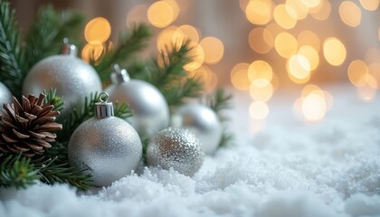 Fototapeta premium Silver ornaments and pinecones rest on fake snow near fir branches. Soft bokeh lights create warm glow for cozy winter holiday scene. Celebrate Christmas season.