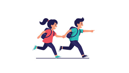 Fototapeta premium Two happy children with school backpacks running together towards their school or home on a white background.