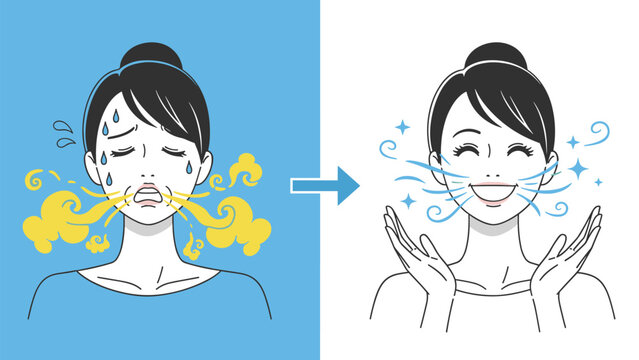 Comparison illustration of a woman suffering from bad breath and then achieving fresh minty breath after care.