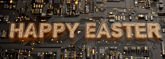 Creative Tech Easter Concept: Golden Glowing Happy Easter Text on Futuristic Black Computer Circuit Board with Digital Lighting Effects