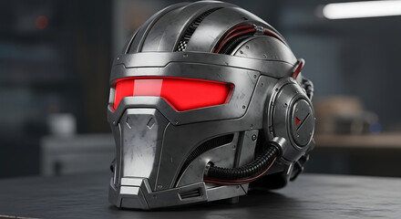 Fototapeta premium Futuristic metallic helmet with glowing red visor and intricate details.