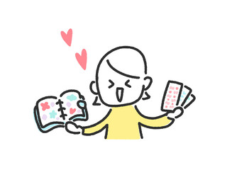 シール帳とシールを持つ笑顔の女性のかわいい手描きの線画　シール交換