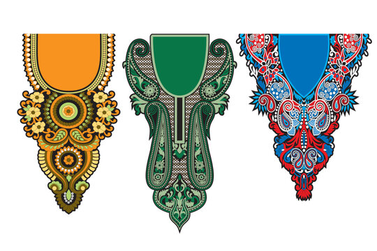 Set of 3 Decorative Neckline Embroidery Designs - Traditional Ethnic Paisley and Floral Neck Patterns for Kurti, Kameez, and Kaftan Vectors