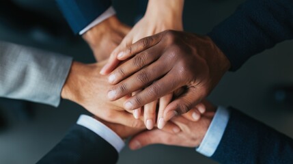 Obraz premium Diverse business team stacking hands together as symbol of unity and teamwork