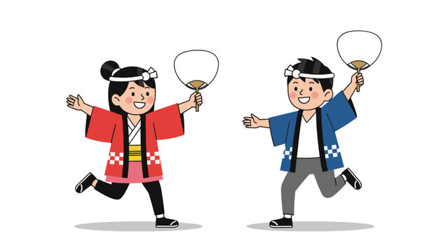 Two happy children celebrate at a Japanese festival wearing traditional clothes and dancing with white fans in their hands.