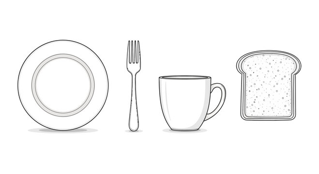 Breakfast Set: Plate, Fork, Mug, and Toast Slice - Simple Line Art Illustration