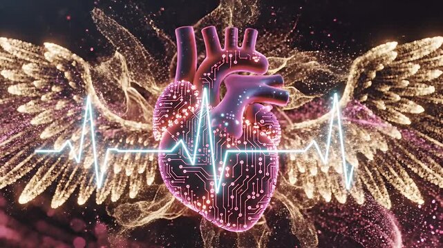 Digital Heart with Angel Wings - A stylized, glowing digital heart with circuitry patterns is displayed in the center of the frame, with neon blue heartbeat waveform.
