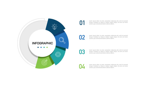 Professional slide layout with 4 parts and business icons for presentation. Banner, Plan and Strategy. Vector illustration.