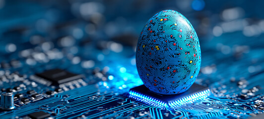 Digital Easter Egg with Colorful Circuit Pattern Levitating Over Glowing Blue CPU Microchip on Advanced Computer Motherboard Background