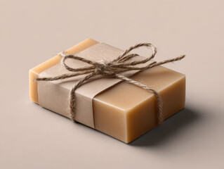 A bar of handmade soap sits wrapped in brown paper and tied with twine. The soap has a light color and natural appearance. It rests on a smooth, neutral surface, highlighting its simple design