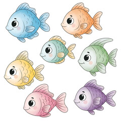 Cartoon Fish Collection in Ocean Aquarium Scene