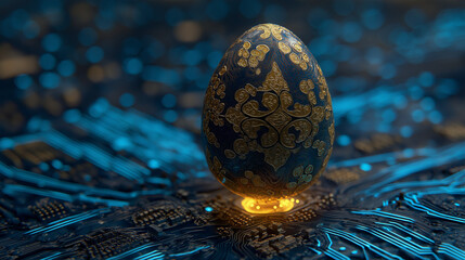 Digital Easter Egg with Colorful Circuit Pattern Levitating Over Glowing Blue CPU Microchip on Advanced Computer Motherboard Background