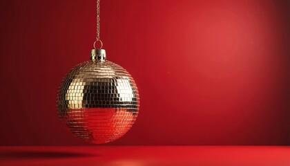 Obraz premium Gold disco ball ornament hangs against red backdrop. Reflective sphere used for parties and celebrations. Festive mood, bright shiny object.