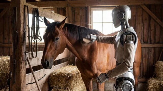Humanoid robot grooming horse in rustic barn with hay, straw and tack creating serene agriculture scene, warm light and natural texture