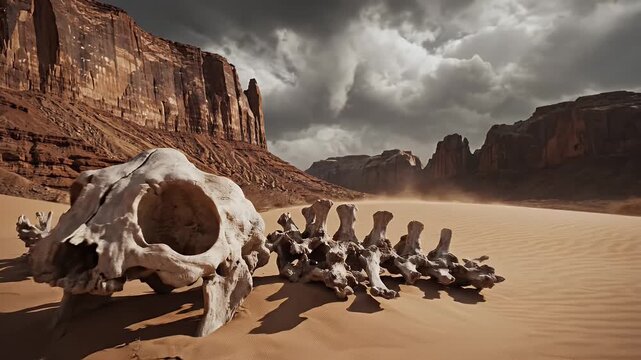 Desert Skeleton Landscape - A weathered animal skeleton lies in the foreground of a stark desert landscape, complete with buttes and cloudy skies.