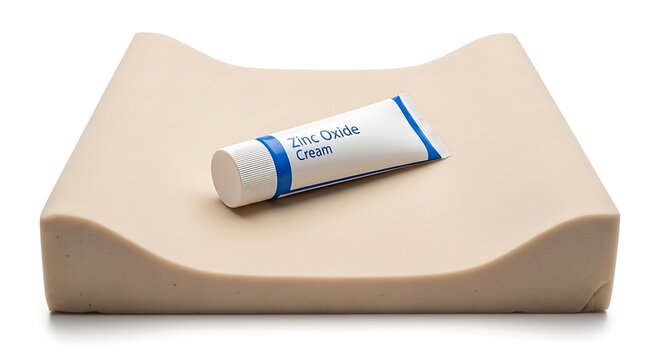 A tube of zinc oxide cream rests on a beige changing pad with raised sides.