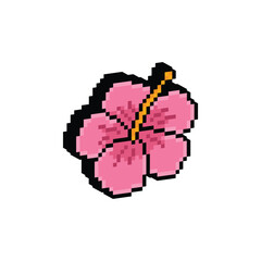 3D isometric pixel art hibiscus flower 8 bit vector icon for computer game, logo