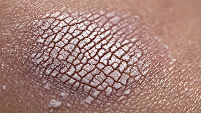 Extreme Close-up of Dry, Cracked Skin - This macro shot depicts extremely dry, cracked skin, forming a pattern of scales and fissures. The video showcases the texture and detail of the skin condition.