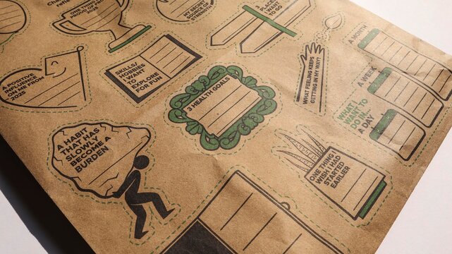 Blinkit bag with happy new year theme, new year calender with fill in the blank journaling. Blinkit brown paper bag which is recyclable