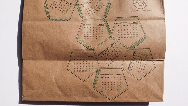 Blinkit bag with happy new year theme, new year calender with fill in the blank journaling. Blinkit brown paper bag which is recyclable
