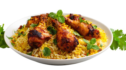 Fototapeta premium A plate of chicken and rice with green herbs