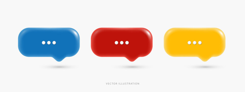 Set of colorful 3D speech bubble icons with ellipsis dots. Minimal chat message notification symbols for social media, online communication, and UI design. vector illustration on white background.