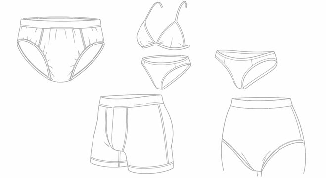 Underwear fashion design sketches: bras, briefs, boxers, high-waisted panties