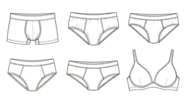 Underwear Fashion Flat Sketch Set: Boxer Briefs, Briefs, Bikini, and Bra