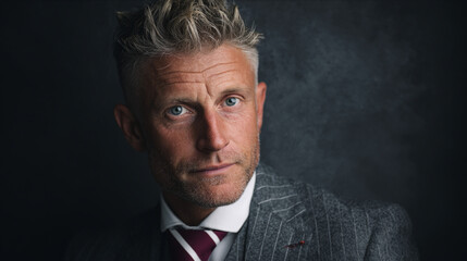 Obraz premium A man in a suit and tie looks directly at the camera with a serious expression