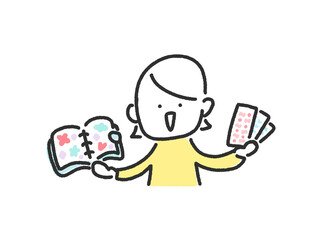 カラフルなシール帳とシールを持つ女性のかわいい手描きの線画