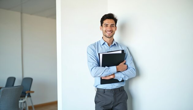 Young man smiles holding folders in modern office. Confident intern with documents stands indoors. Pro holds papers, works in corporate workspace. Business career planning success.
