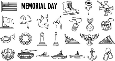 Obraz premium Memorial Day Military Hand Drawn Line Art Icon Set. Patriotic Remembrance Doodles Outline Symbols for Veterans Celebration.