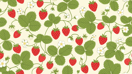 Detailed pattern of strawberry plants with ripe red fruits, green leaves, and small white flowers on a cream background.