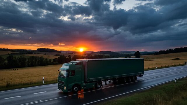 Green freight truck logistic sunset wet highway with dramatic clouds stormy sky panoramic freight cargo countryside travel freight truck logistic