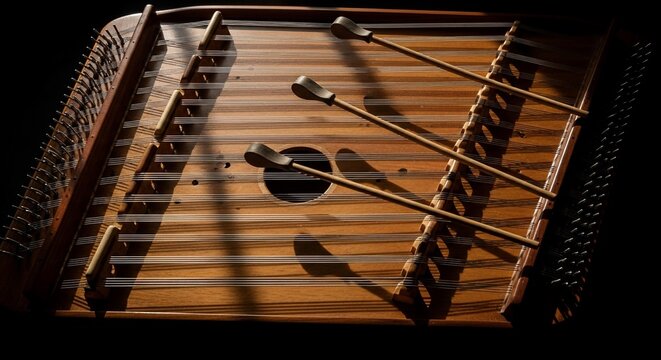 Dulcimer Musical Instrument with Mallets Closeup.