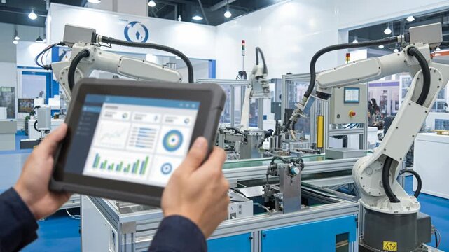 Industrial robot arm automation factory control tablet dashboard showing production data logistics analytics and machine status for modern robotic