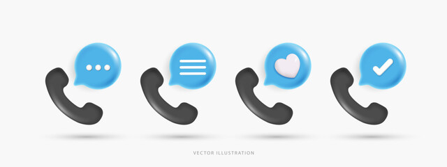 3D Vector Phone Call Icon Set with Notification Speech Bubbles, Telephone Handset with Chat Heart and Checkmark Symbols for Customer Support, Contact Us and Communication UI UX Design.
