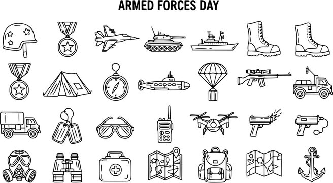 Black and white line art icons representing military equipment and symbols for Armed Forces Day