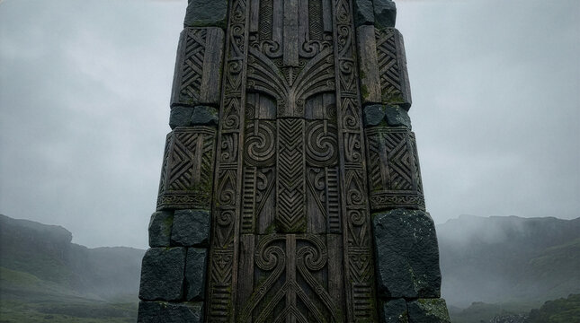 Monumental totem pole with tribal symbols on a mountain in the mist