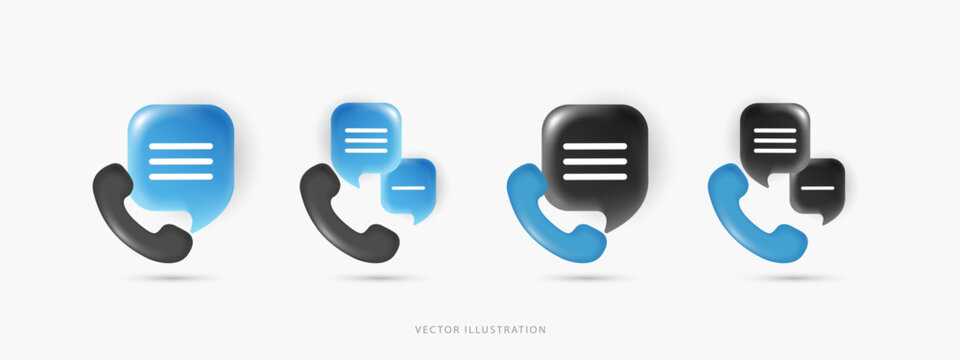 3D Vector Phone Receiver with Speech Bubbles Set, Black and Blue Telephone Handset Icons for Customer Support Messaging and Contact Center UI UX Design Elements on Isolated Background.