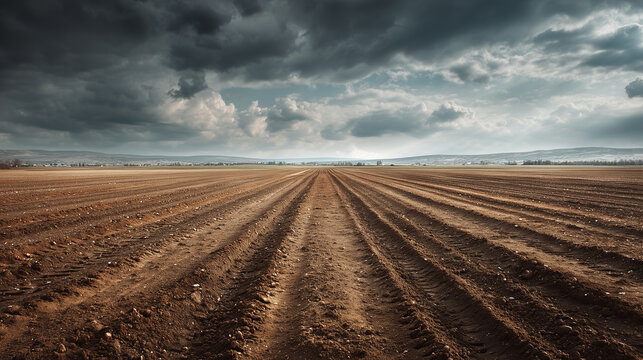 Plowed agricultural field furrow soil landscape dramatic sky horizon farmland