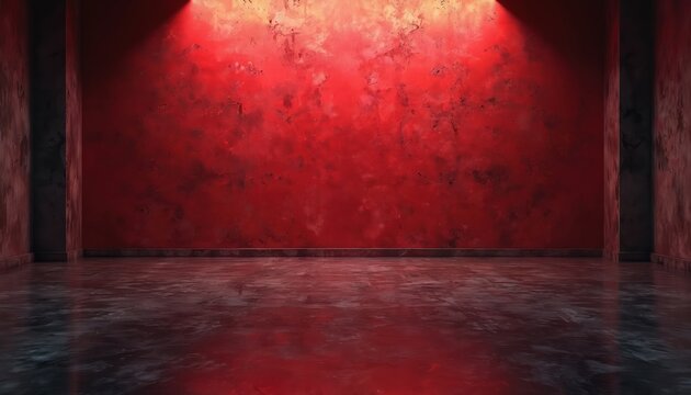 Rough red wall and floor with bright spotlights. Dark empty room with concrete texture. Abstract surface for display, background, or grunge presentation.