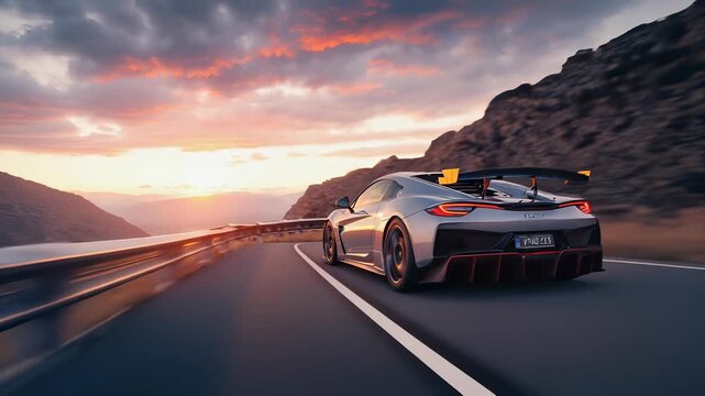 Hypercar Speed: Red Supercar Driving on Winding Road with Motion Blur, Dramatic Lighting, Automotive Performance Photography.