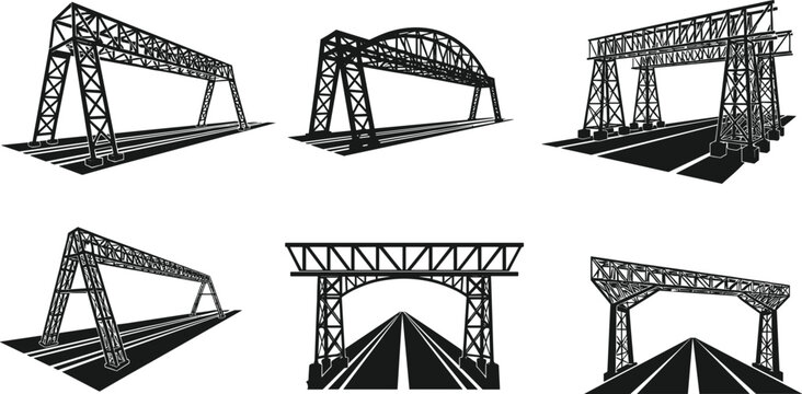 Industrial gantry crane silhouettes set, heavy lifting construction equipment, bridge truss infrastructure symbols, warehouse logistics and port terminal icons, vector.