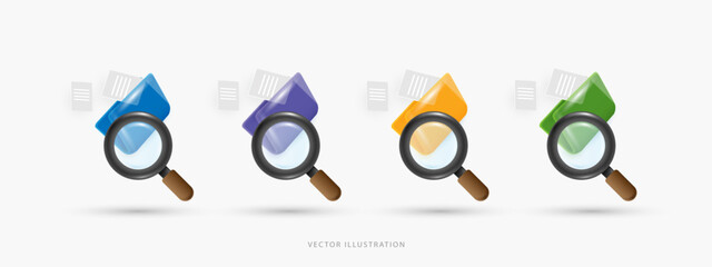 3D Vector Document File Search Icon Set, Colorful Folders with Magnifying Glass for Data Management, Discovery and Information Research UI UX Design Elements on White Background.