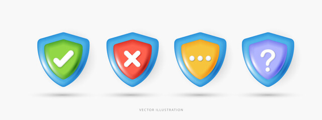 3D Security Shield Icon Set with Checkmark, Cross, Dots and Question Mark Symbols, Colorful Protection Guards for Cyber Security, Privacy Policy and Data Safety UI UX Design Elements Vector.