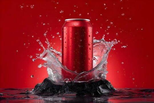 Red beer tin drink refreshment advertisement with dramatic splash on rock under studio light showcasing premium beverage branding concept.