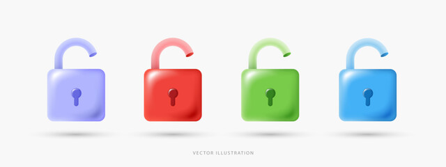 3D Vector Unlocked Padlock Icon Set, Colorful Glossy Open Lock Symbols for Access Granted, Cyber Security Authorization and Digital Privacy UI UX Design Elements on White Background.